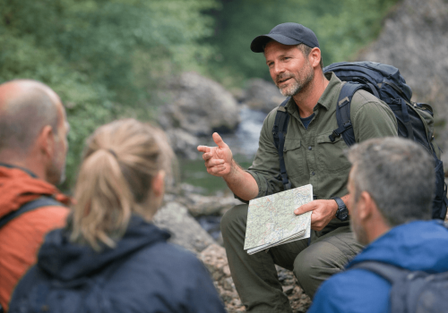 Tochtbegeleider bespreekt route met team tijdens outdoor training in natuurlijke omgeving